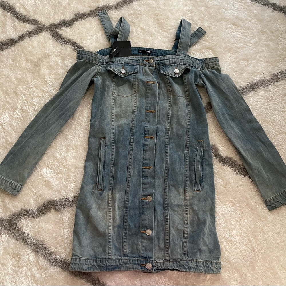 Fashion Nova Blue Denim Off-Shoulder Kids Dress - Picture 2 of 6